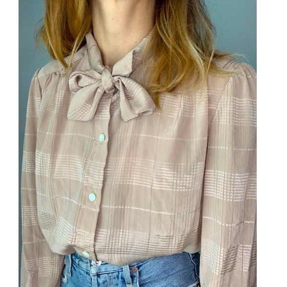 NWT Vintage Dead Stock Stripped Pussy Bow Beige Blouse - Picture 6 of 16
